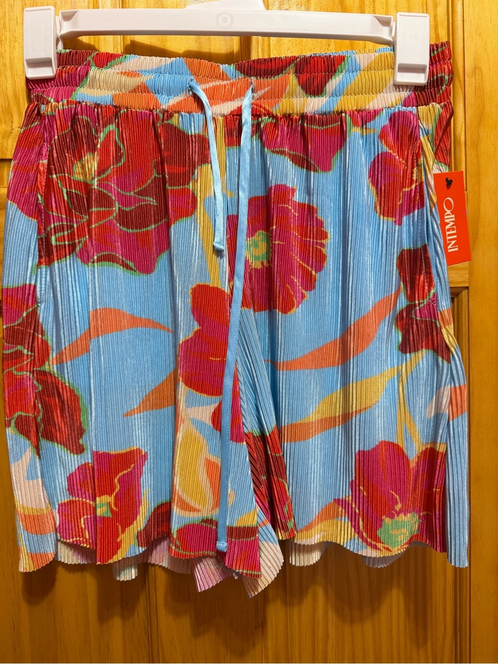 Intempo Blue Floral Pleated Drawstring Shorts